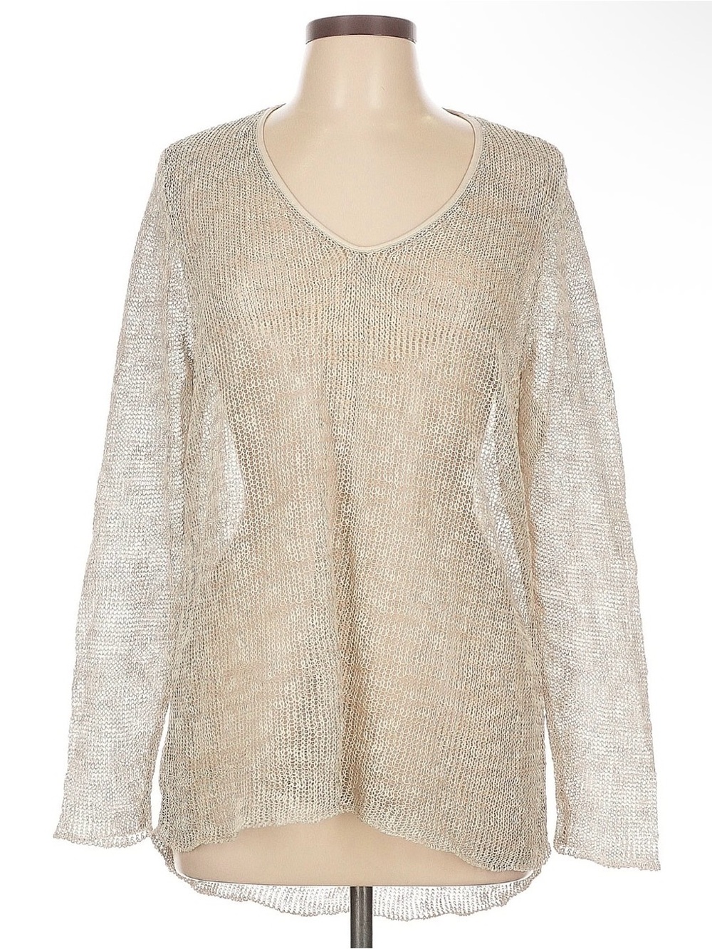 Eileen Fisher Sweater Top 1X Airy Melange Linen Grain Blend Beige Leather Trim